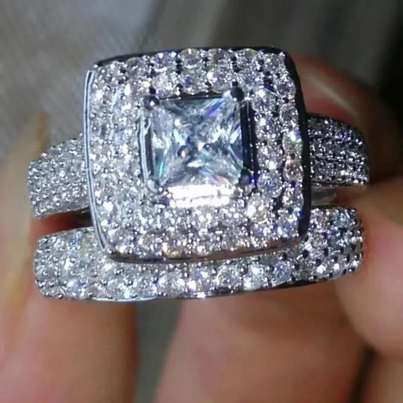 🎁Shiny Princess Cut Square Zircon Delicate Luxury Silver Ring Set, UNVN12306 - Picture 2 of 6